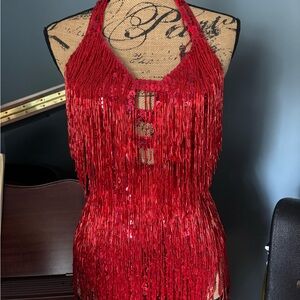 Red Fringe Halter Dress/ Dance Costume